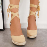 Suisecloths Lace up Espadrille Wedges Platform Heel Singback Sandals Oshnow